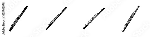 Set of black icon illustrations depicting various types of flutes in different orientations for musical representations and designs