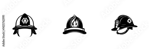 Various black firefighting helmet icons showcasing different designs representing emergency services and the importance of fire safety