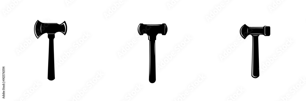Various black icons of hammers with unique designs displayed on a white background, showcasing different shapes and sizes for versatile use Various black icons of hammers with unique designs displayed on a white background, showcasing different shapes and sizes for versatile use