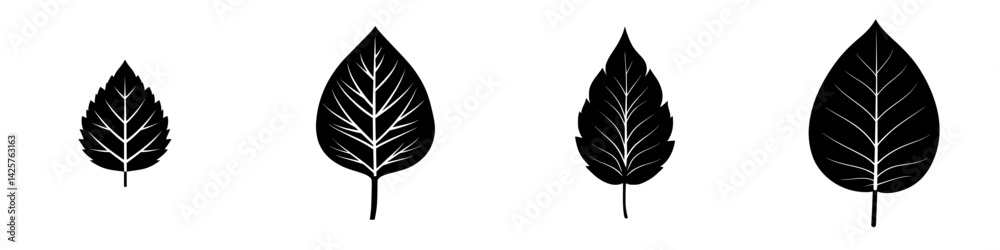 Set of black leaf icons showcasing various shapes and sizes for digital design purposes Set of black leaf icons showcasing various shapes and sizes for digital design purposes