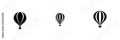 Iconic set of black hot air balloons floating in a minimalist style against a white background