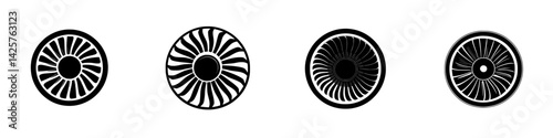 Black icons representing various turbine designs illustrating engineering and aerodynamics principles in a minimalistic style
