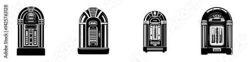 Vintage jukebox icons in black style representing classic music and retro aesthetics