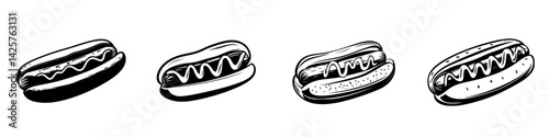 Iconic black illustration of hot dogs in various styles and toppings on a clean white background