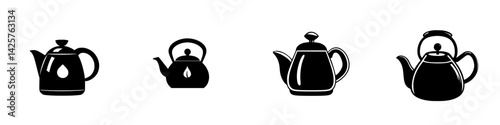 Various black kettle icons showing different styles and designs for culinary and kitchen themes