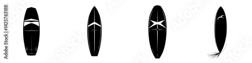Various black surfboard outlines showcasing different designs and shapes for surfing enthusiasts and designers alike