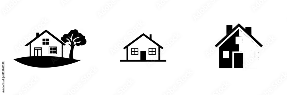 Set of black icons representing different house designs in a minimalist style Set of black icons representing different house designs in a minimalist style
