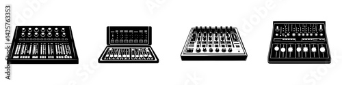 Set of four black audio mixing and production icons showcasing various console designs for music creation