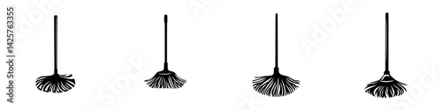 Stylized black icons of cleaning tools arranged in a row for a minimalist design
