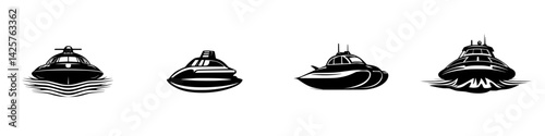 Black icons of various boat designs showcasing unique shapes and details, suitable for marine-themed projects