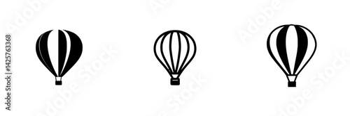 Set of three black hot air balloon icons featuring distinct designs for use in various applications
