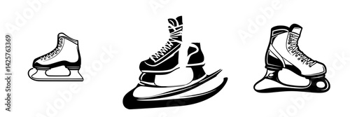 Black icon set featuring various styles of ice skates in different positions for graphic design use