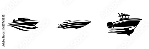 Stylized black icons of boats showcasing sleek designs and motion dynamics in nautical themes