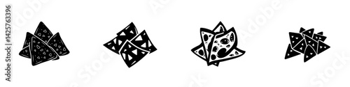 Black icon representing various types of crispy snack shapes on a clean background for culinary design and branding purposes
