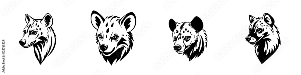Naklejka premium Black icon set featuring stylized hyena heads showcasing unique expressions and designs for various creative uses