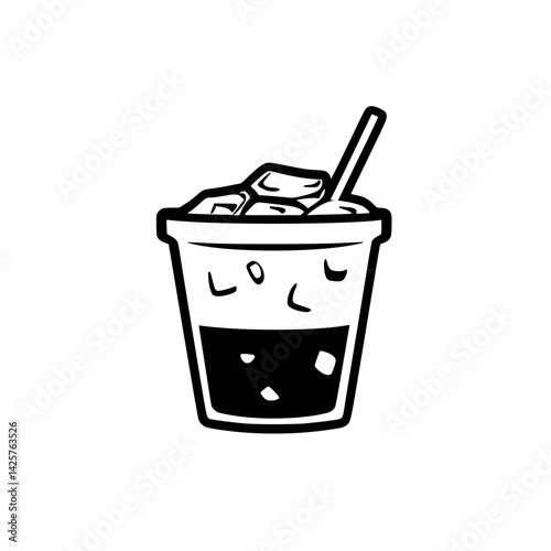 Refreshing black icon of a beverage with ice cubes and a straw, perfect for summer enjoyment and casual gatherings