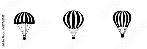 Three black parachute icons representing airborne adventure and outdoor activities suitable for various designs and themes