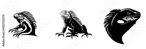 Black icon of iguana silhouettes showcasing unique designs and stylized forms in a minimalist style