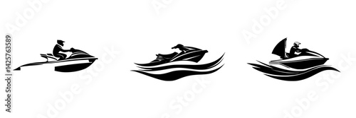 Stylized black icons of jet skis in motion with riders navigating waves