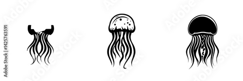 Stylized black jellyfish icons featuring unique designs and flowing tentacles