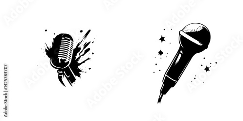 Illustration of two black microphone icons featuring different styles and designs against a plain backdrop