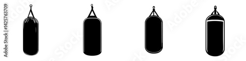 Set of four black icons representing different styles of punching bags used in fitness and boxing training