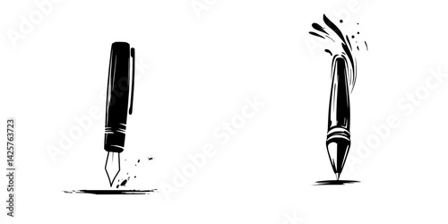 Black icons representing a fountain pen and a ballpoint pen with ink splashes in a minimalist design