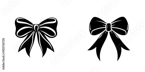 Black bow icon set showcasing two distinct designs for use in various graphic applications and projects