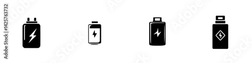 Set of black energy icons representing battery types and power symbols for various applications