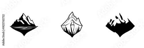 Set of three black icons featuring stylized mountain and iceberg designs representing nature and adventure themes