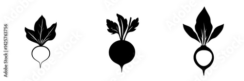 Set of three black icons representing different styles of radishes with leaves, ideal for botanical or culinary design projects