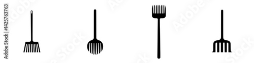 Different styles of black garden tools featuring rakes and cultivators used for outdoor gardening tasks