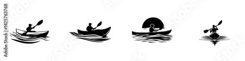 Silhouettes of kayakers paddling in tranquil waters at sunset in a minimalist black icon design