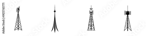Set of black telecommunications tower icons representing various styles and designs for digital use