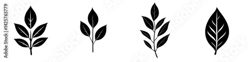 Detailed set of black leaf icons showcasing various plant shapes and sizes for design purposes