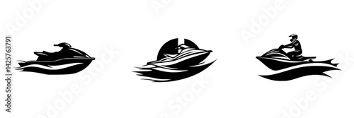Black icon of jet skis in motion, showcasing dynamic design elements and water splashes, perfect for aquatic adventure themes