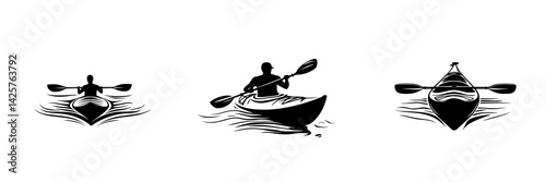 Silhouettes of kayakers paddling in calm waters during sunset