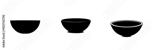 Set of black bowl icons showcasing different shapes and styles for kitchen design and culinary applications