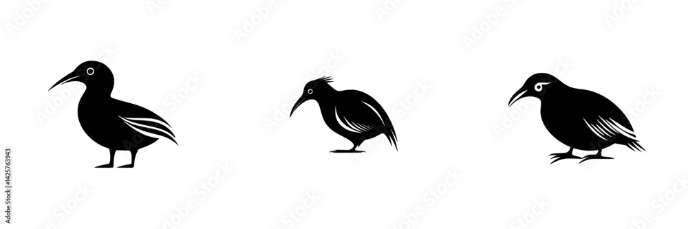 Obraz premium Set of three black bird icons showcasing distinct avian features and styles for design use