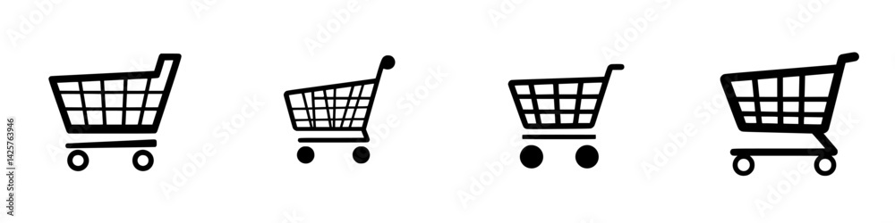 Black icons of shopping carts illustrating various sizes and designs for e-commerce applications or marketing materials Black icons of shopping carts illustrating various sizes and designs for e-commerce applications or marketing materials