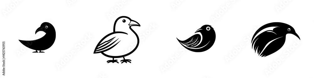 Black icons of various bird silhouettes presented in a minimalistic design suitable for graphic representation and creative projects Black icons of various bird silhouettes presented in a minimalistic design suitable for graphic representation and creative projects