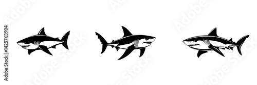 Black icon set featuring various shark designs with distinct characteristics and orientations for creative applications