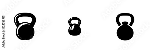 Black kettlebell icons in varying sizes arranged horizontally on a plain background