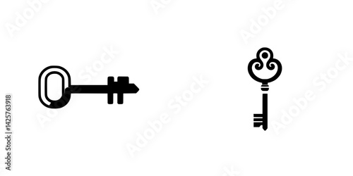 Two distinct black icons of keys representing security and access with simple, clean designs for modern applications