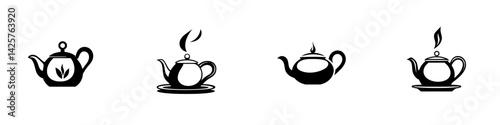 Set of four black teapot icons displaying different tea styles and steam effects on a minimalist background