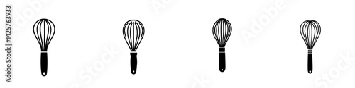 Black kitchen whisks set representing various designs for culinary uses and baking tasks displayed on a white background