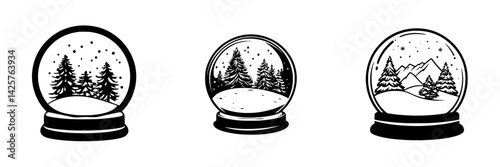 Black icon set featuring decorative snow globes with various winter scenes and landscapes, showcasing intricate details and artistic designs