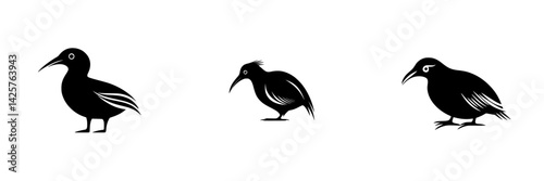 Set of three black bird icons showcasing distinct avian features and styles for design use