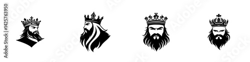 Unique black icons representing kings with distinct hairstyles and crowns showcasing different regal styles
