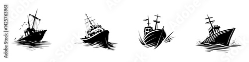 Set of black icons depicting various types of boats navigating through water in unique postures at different angles